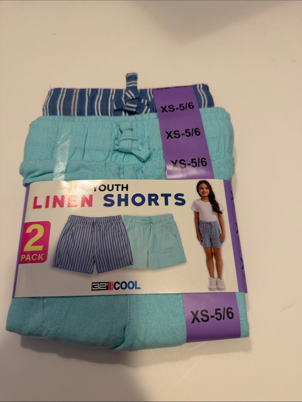 32 Degrees Youth Linen Shorts 2-Pack - Aqua & Blue Stripe